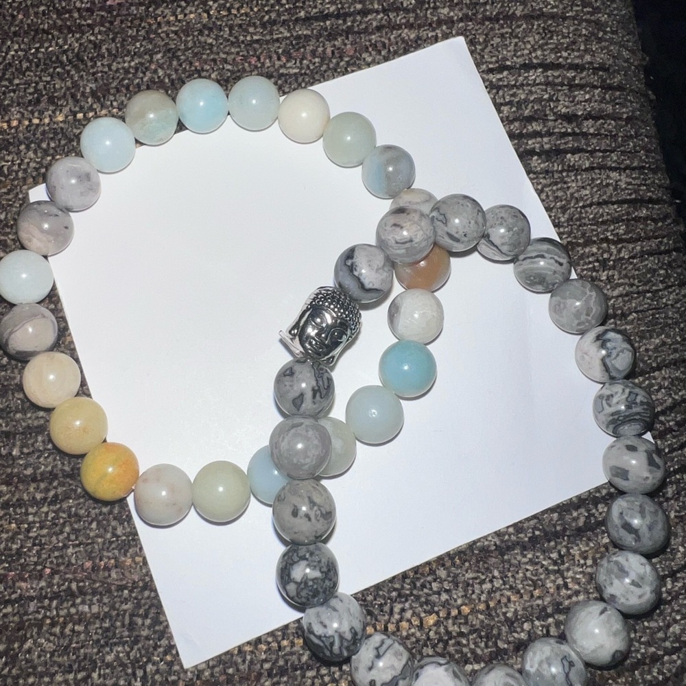 Set of 2 Natural Stone Stretch Bracelets – Amazonite & Gray Map Jasper